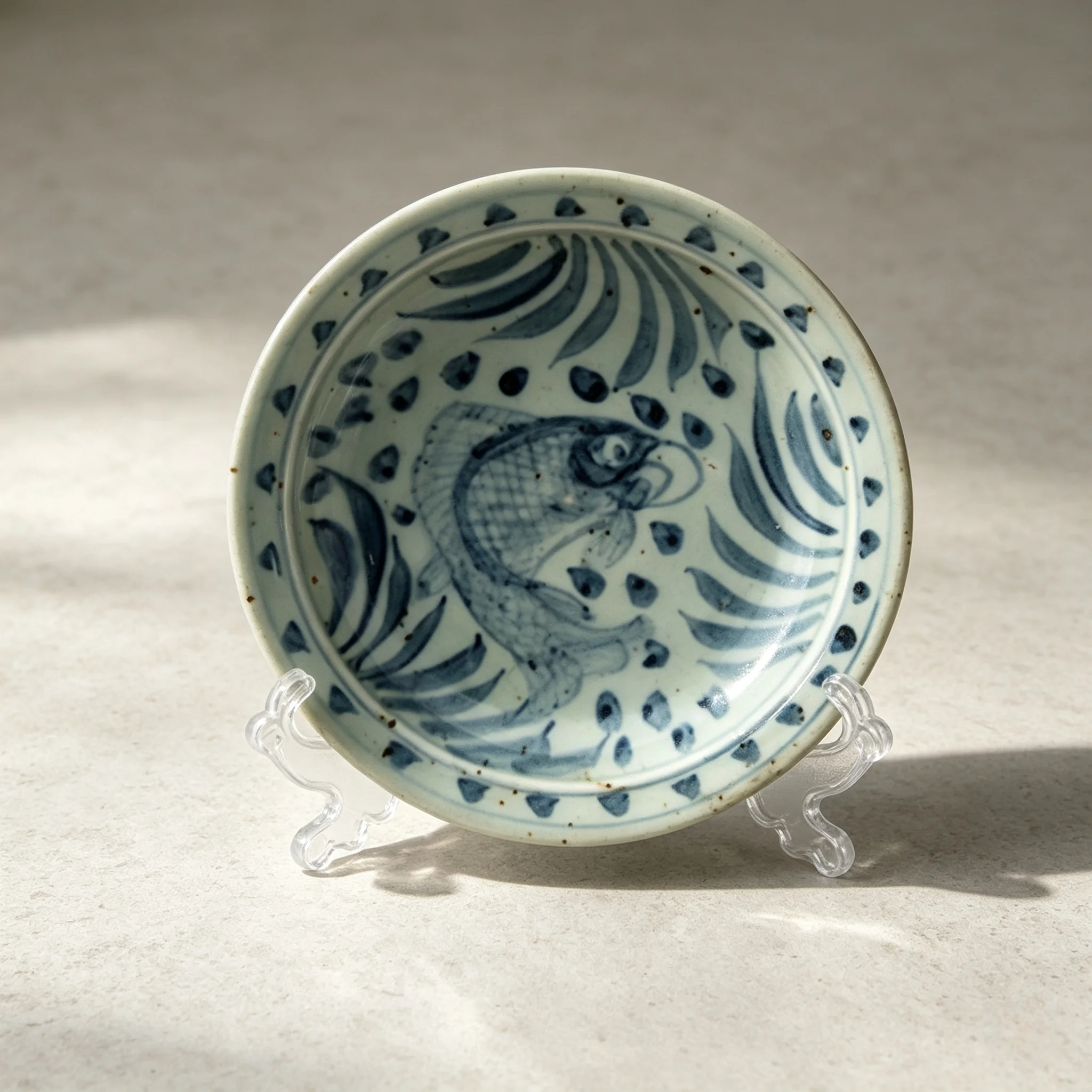 7.3 inch Chinese Yuan Blue and White Porcelain Fish Design Plate