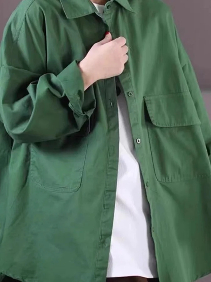 

Loose Women's Korean Sle irt Coat with Large kets Turn-down Collar ort Sve Cool Feeling Summer Faion Outerwear