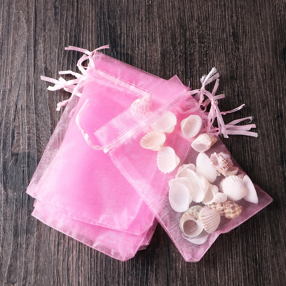 

100pcs Solid Color Candy Bags Pearl Gauze Bag Drawstring Gift Bag Party Supplies for Wedding Christmas Birthday (Pink)