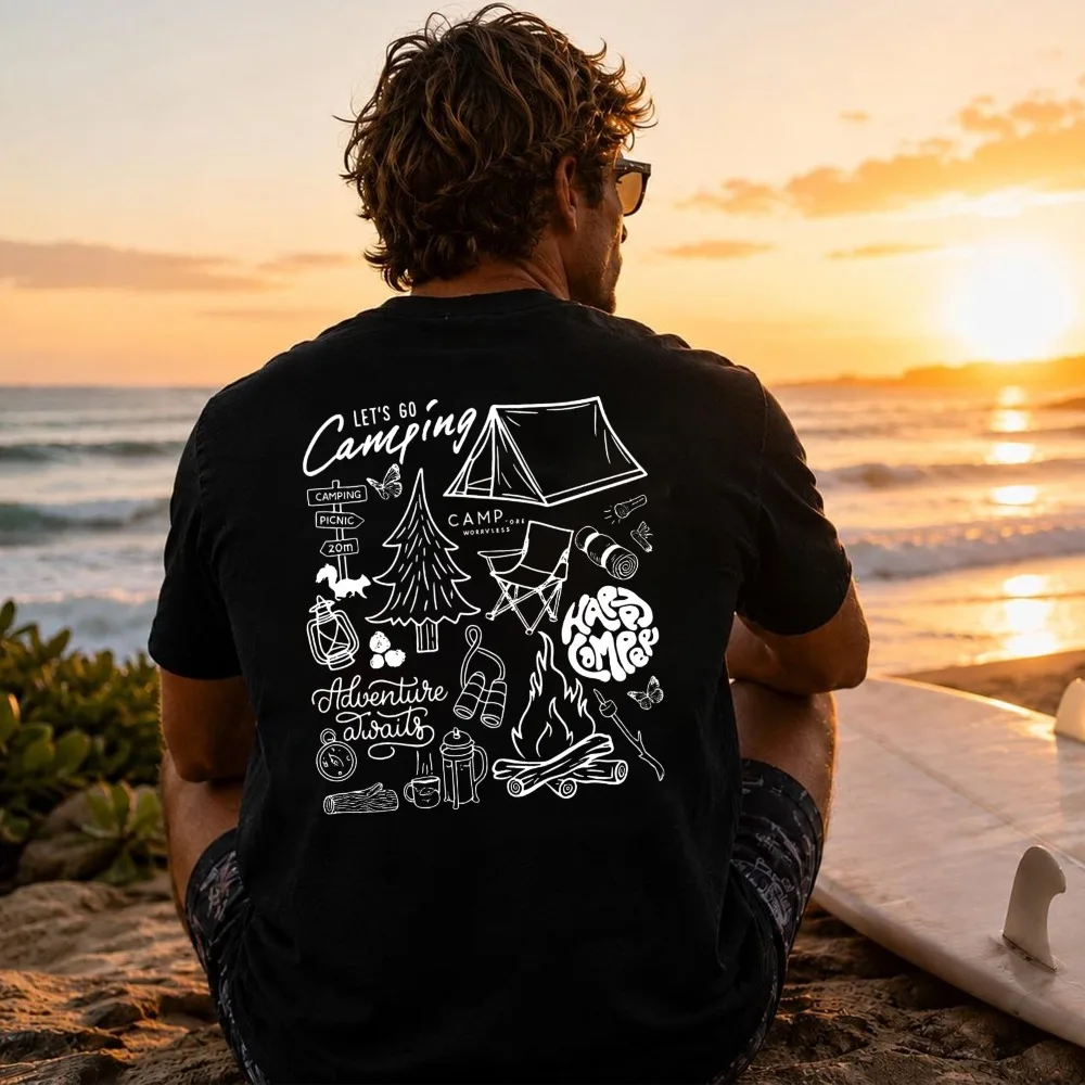 Happy Camper Outdoor Camping Sketch T-Shirt Let's Go Camping Adventure Gear Line Art Print Baumwollshirt Unisex Wandern & Natur
