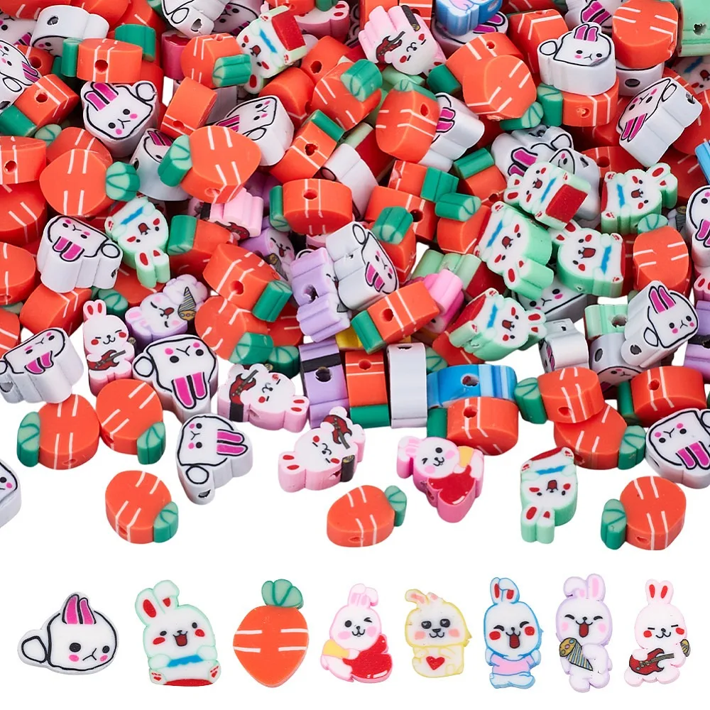200Pcs Cartoon Handmade Polymer Clay Beads Easter Themes Mixed Color 9~12x5~9.5x4~5mm Hole: 1.6~1.8mm