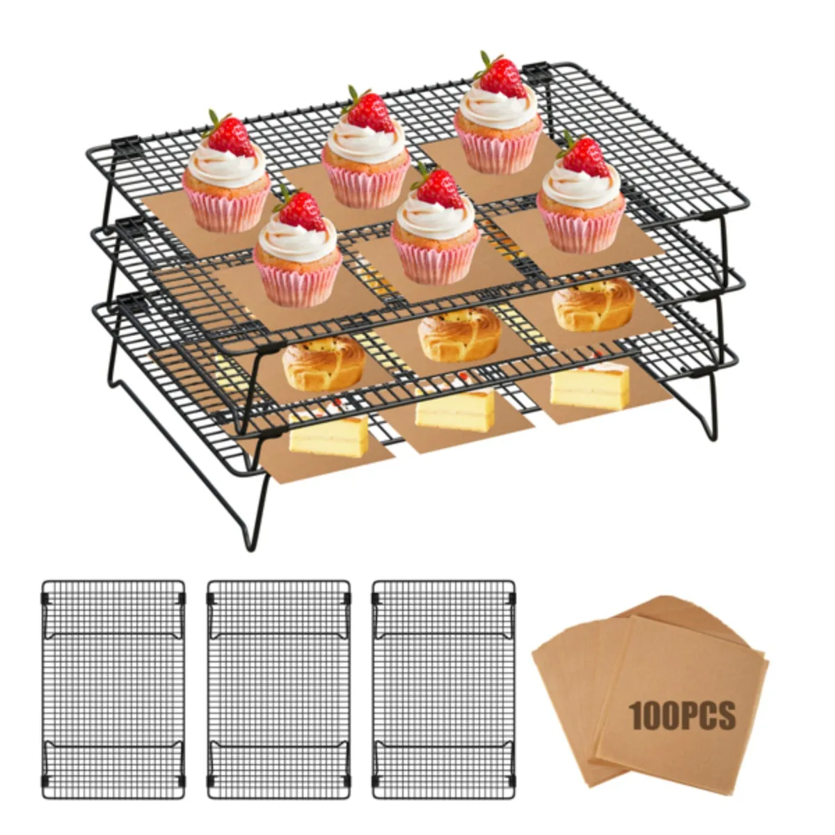 

3Pcs Cooling Rack with Collapsible Legs BBQ Bread Cake Cooling Rack Drip Dry Rack Grid Baking Pan Household Kitchen Baking Tools