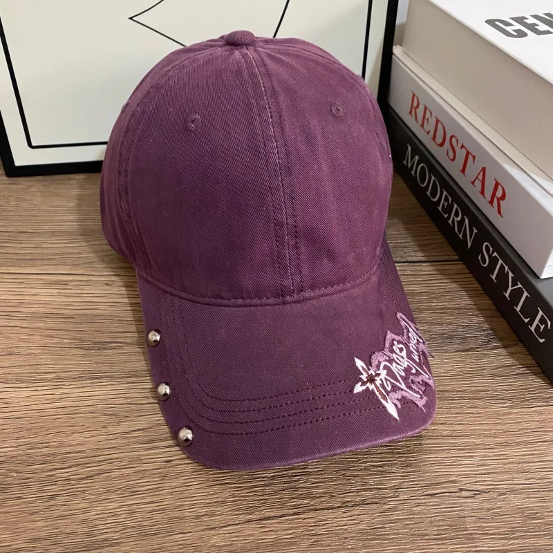 Retro Rivet Decor Soft Baseball Cap Unisex Distressed Embroidery Cotton Streetwear Dad Hat for Men Women