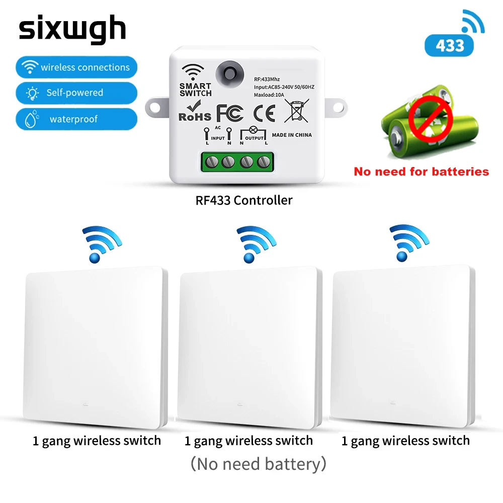 SIXWGH 433MHz Inteligentny Bezprzewodowy Włącznik 10A/AC100-240V Wodoodporny/Bezprzewodowy Montaż Inteligentny Pilot Zdalnego Sterowania Dom