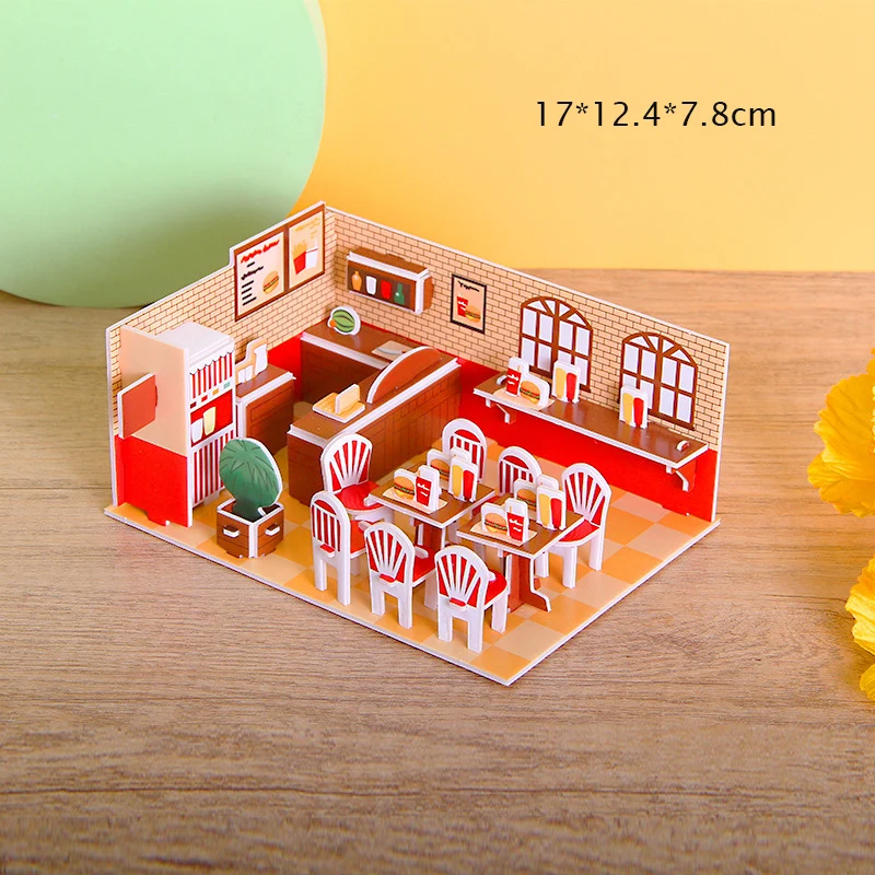 Cardboard Puzzle 3D House Room Shops Model Puzzle Toys Kids Handmade DIY Assembling Toys