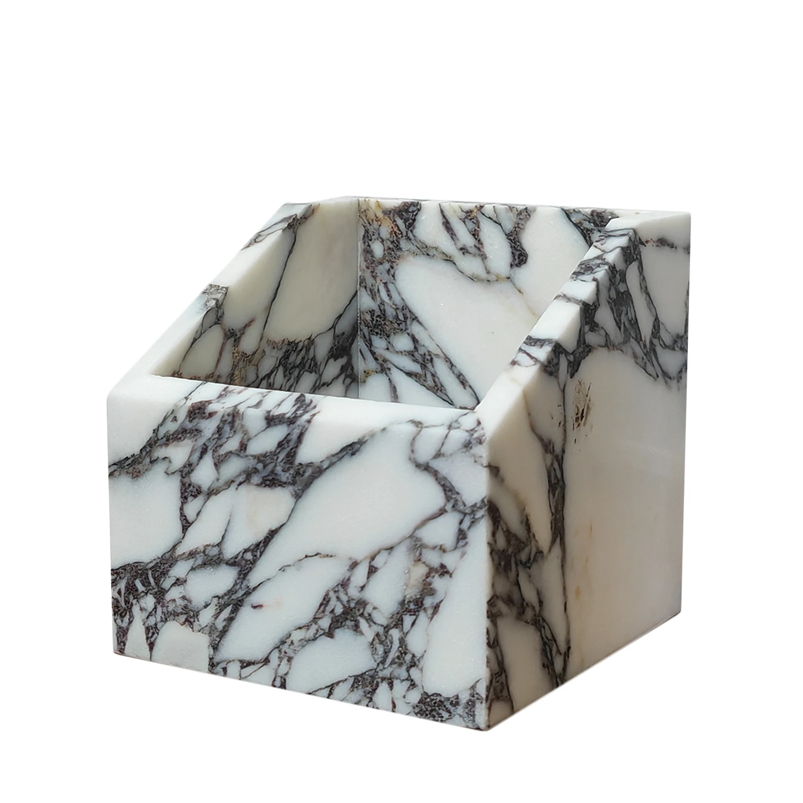 منظم سطح المكتب الفاخر من الرخام الطبيعي كالكاتا فيولا، صينية حجرية متعددة الطبقات للأقلام، فرش المكياج، منظم المجوهرات