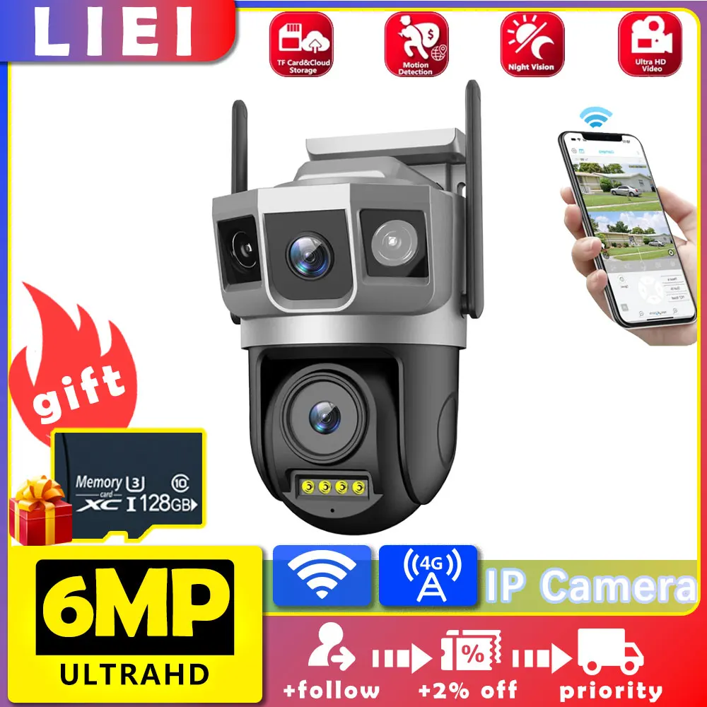 

LIEI 4K 6MP WIFI/4G Dual Lens Dual Screen PTZ Camera Outdoor AI Auto Tracking IP security Camera CCTV Audio Video Surveillance