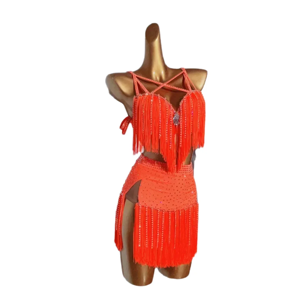 Costume de danse latine AB pierre femme adulte enfants haut de gamme personnalisé Orange gland jarretelle noir piscine Samba PerformanceDress
