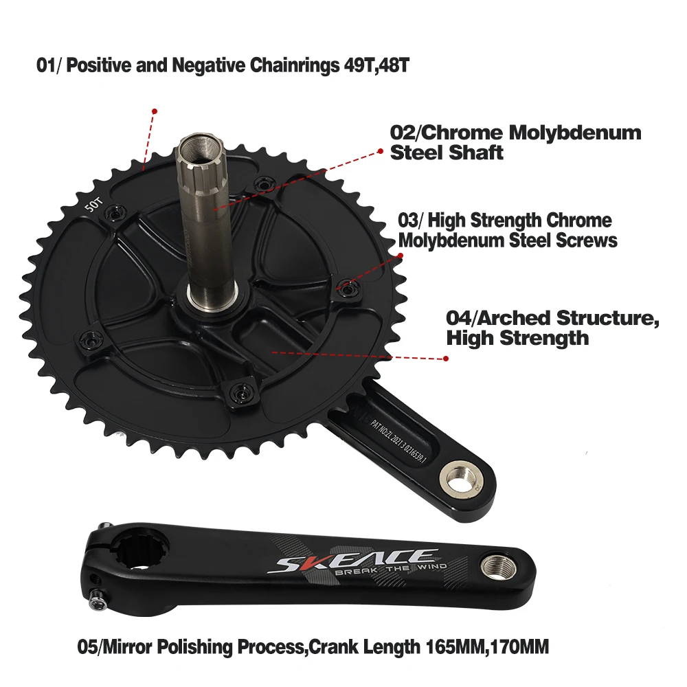 SKEACE Break The Wind Hollowtech Crankset 49T Carbon Chainwheel 165mm Aluminum Alloy Fixed Gear Bike Crank For Track Bicycle