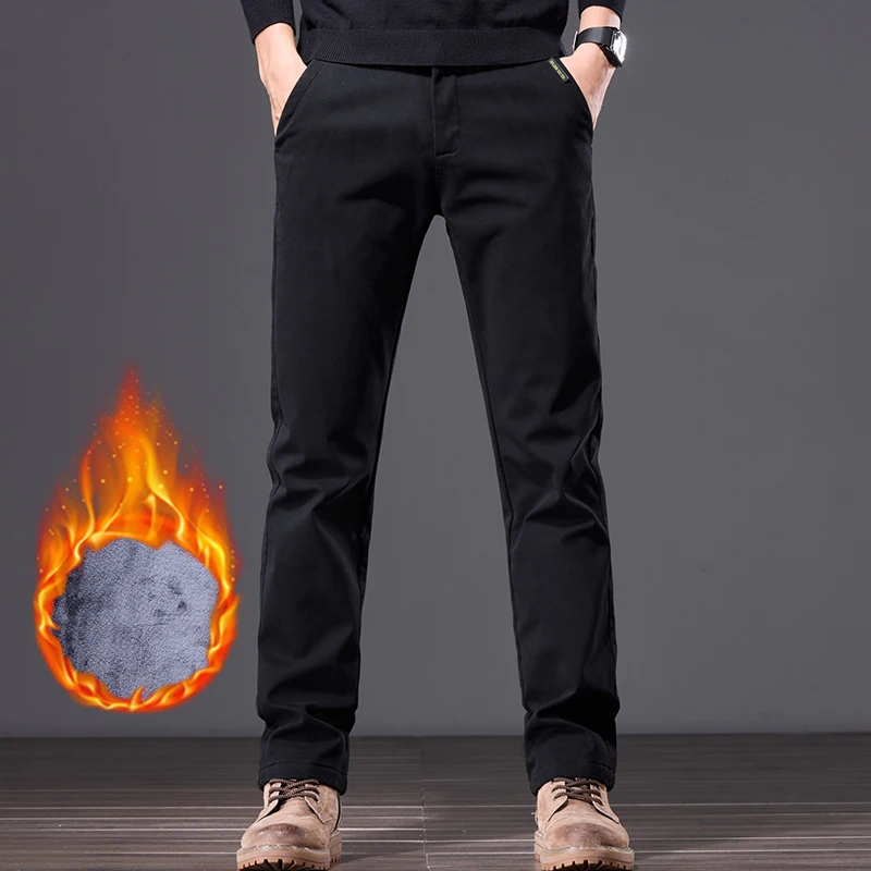 Size 28-38 Winter Warm Casual Pants Men\'s Straight Business Fleece Trousers Classic Brand Stretch Leisure Work Male Thick Pants