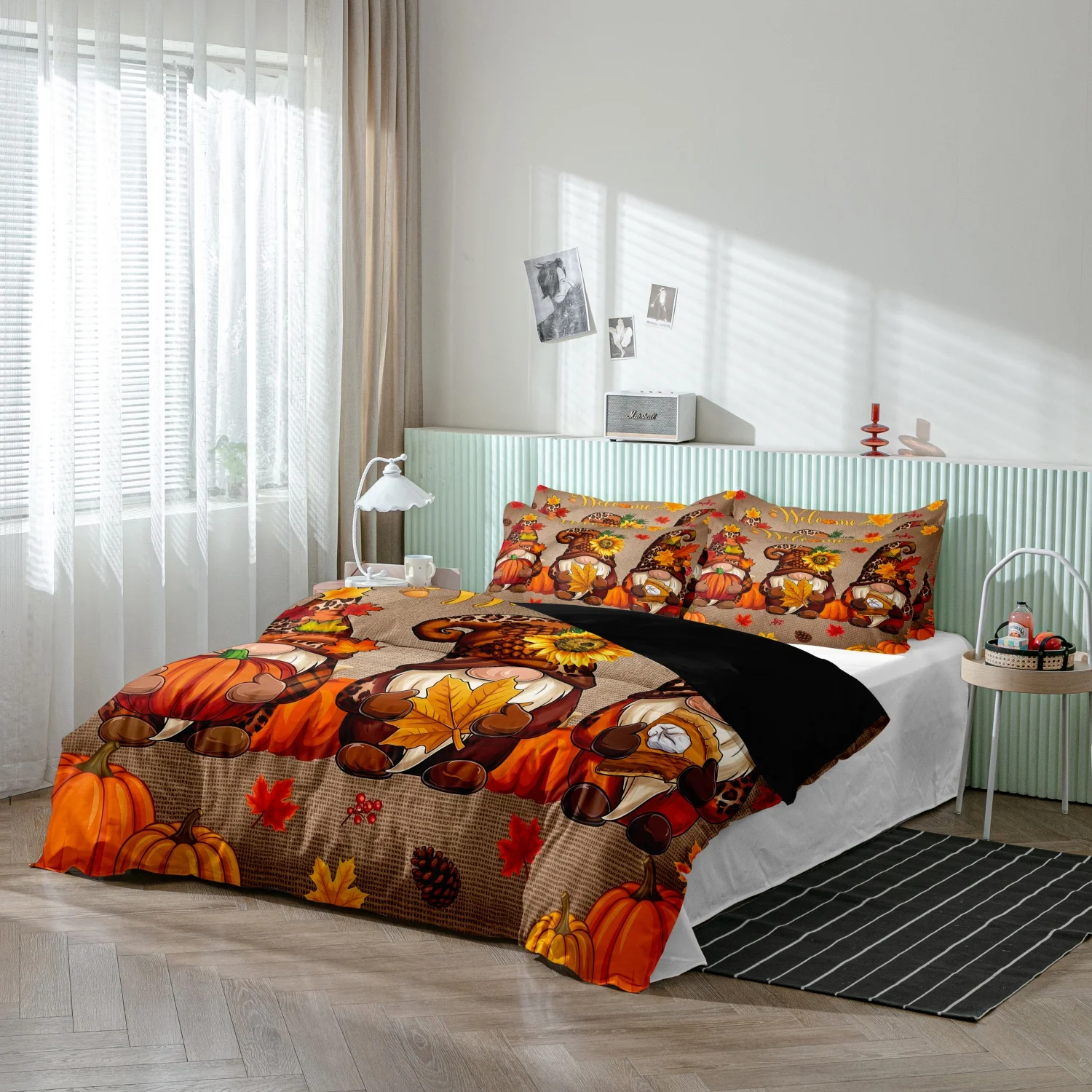 3 Pieces Thanksgiving Fall Harvest Print Duvet Cover Set, Leopard Gnome Pumpkin Sunflower Maple Leaf Welcome Print Bedding
