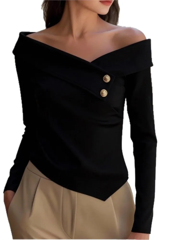 Female Elegant Foreign Style One-line Collar Top Fashion Button Design Spring Summer Temperament Versatile Shirt Ladies Blouses