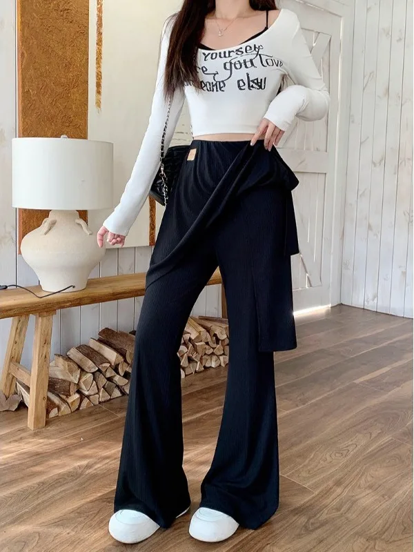 

High Waist Flared Pants Women's Casual Bla Wide Leg Floor Length Trousers Autumn New Sle Versatile Design Korean Sle
