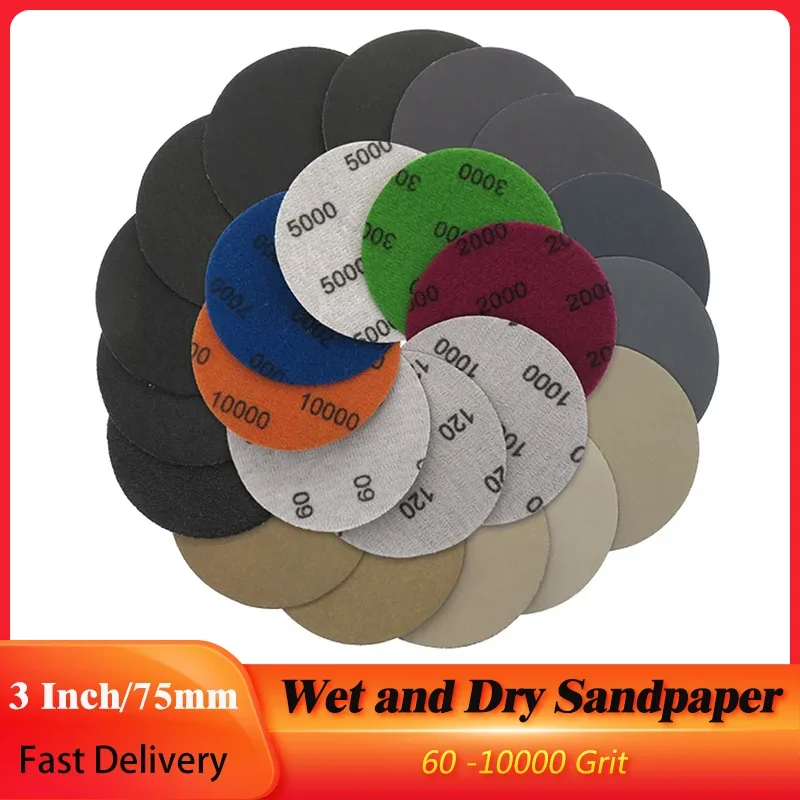 

5-50Pcs 3 Inch 75mm Waterproof Sanding Discs Hook & Loop Silicon Carbide Sandpaper Wet/Dry 60 -10000 Grit For Polishing Grinding