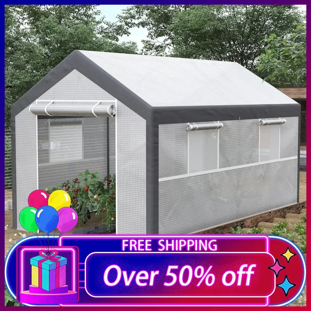 12' x 7' x 7' Walk-in Greenhouse, Outdoor Garden Warm Hot House with 4 Roll-up Windows, 2 Zippered Doors and Weather Cover,White