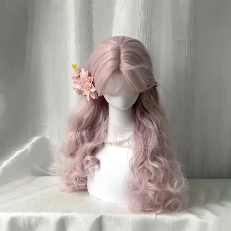 Pink wig, long hair,artificial hair simulated head, anime game Accessoires, Cosplay, full headgear, curly hair, photo show props