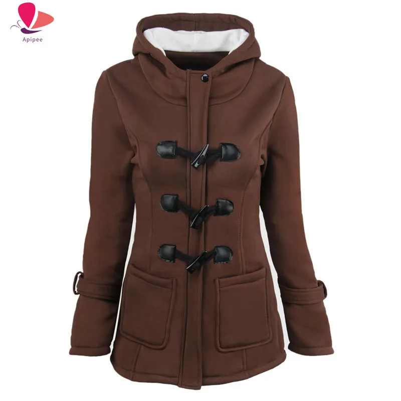 APIPEE Winter Spring Autumn Women Outdoor Hooded Horn Leather Buckle Solid Coat And Jacket Outwear  6XL