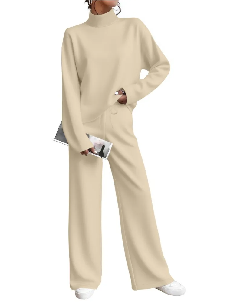 

Turtleneck Sweater Straight Jogging Pants Suit 2026 Autumn New 2-piece Set Fashion Casual Women's Knitted Sportswear