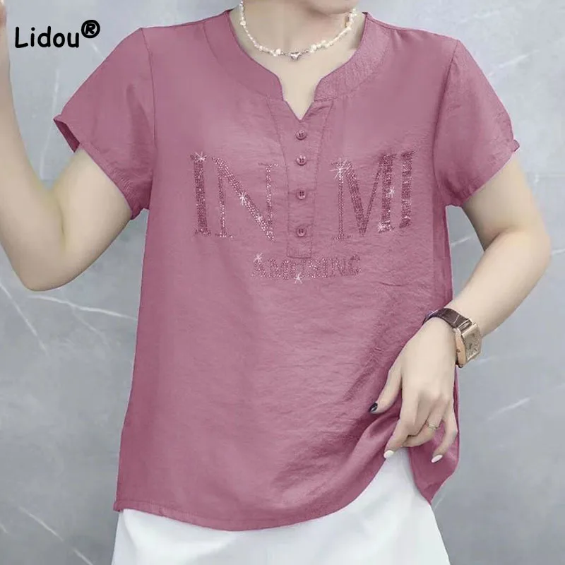 

Trend Fashion Female Diamonds Spliced Shirt 2023 Summer Loose Solid Color Simplicity Casual Short Sleeve Shirt Women's Clothing