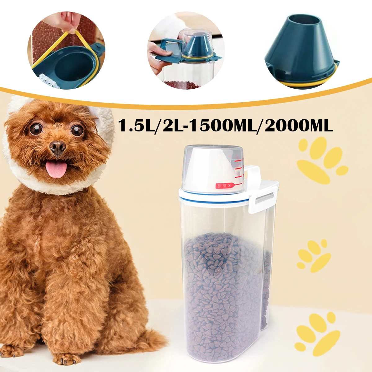 1.5L/2L Dog Cat Food Pail Plastic Storage Tank with Measuring Cup Container Moisture-proof Sealed Jar Pet Supplies Accessories