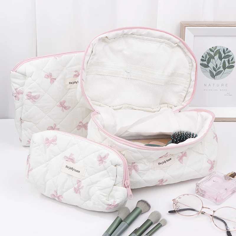 Bolsa de maquillaje a cuadros de algodón Floral acolchado para mujer, bolsa de cosméticos de gran capacidad, bolsa organizadora de artículos de tocador de viaje con cremallera femenina