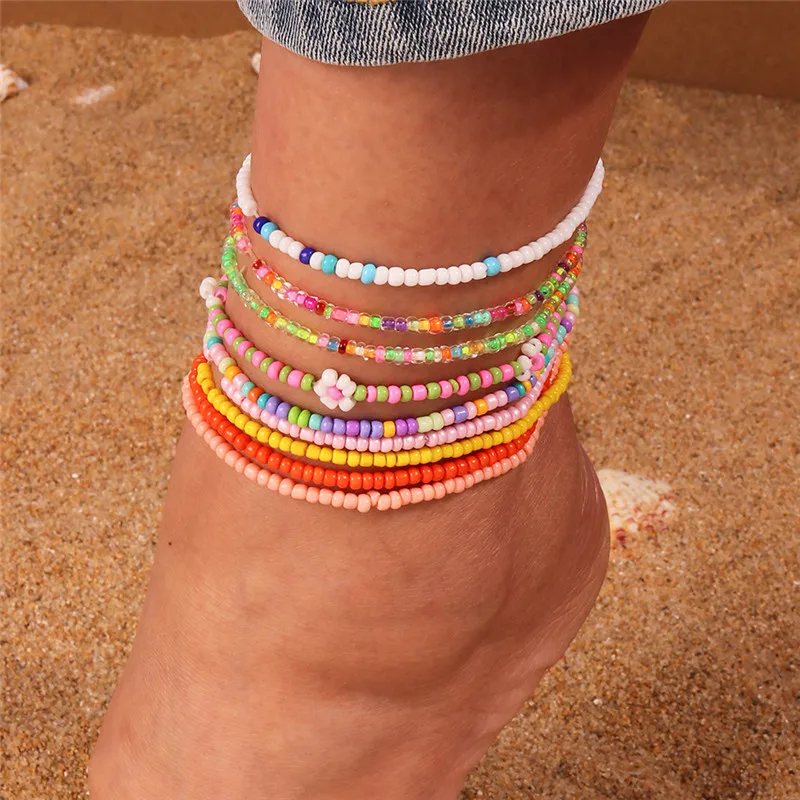 Aihua 1pc Colorful Small Flower Anklet Bohemia Handmade Multi Beaded Rice Beads Ankle Bracelet For Women Kids Beach Jewelry Gift