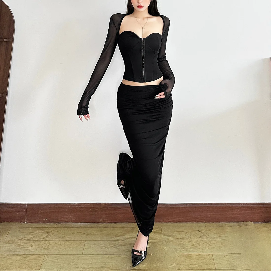 

Женский облегающий укороченный топ из сетки с длинным рукавом в винтажном стиле, модный, осенний 2025, из утолщенной полиэстеровой ткани