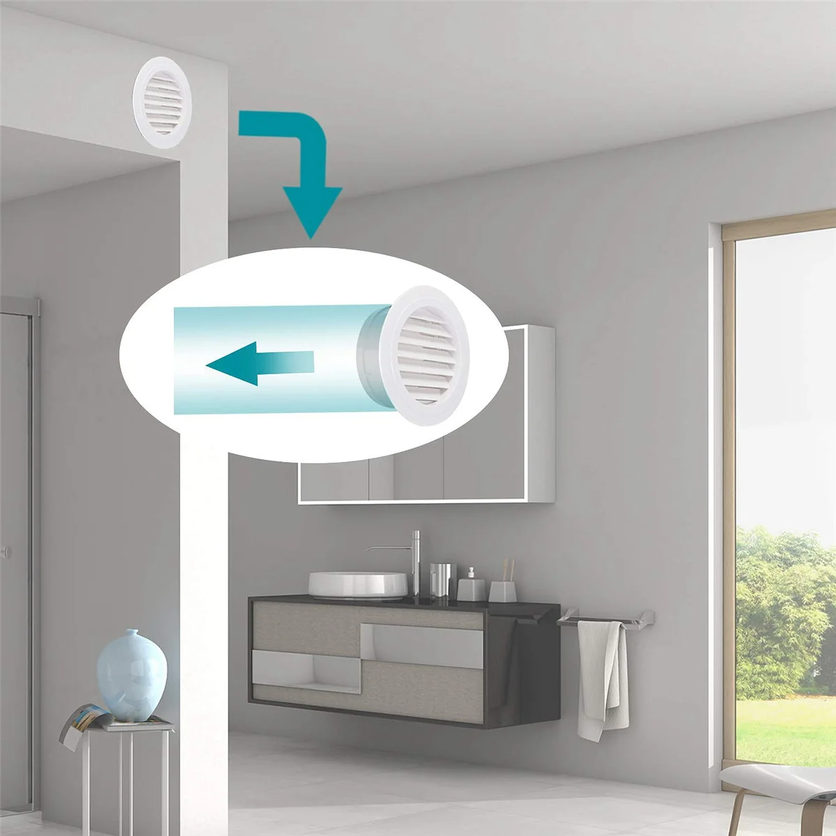 ตะแกรงบานเกล็ด ABS ช่องแอร์ทรงกลม8นิ้วช่องระบายอากาศสีขาวพร้อมตาข่ายหน้าจอลอยในตัวสำหรับห้องครัวห้องน้ำสำนักงาน