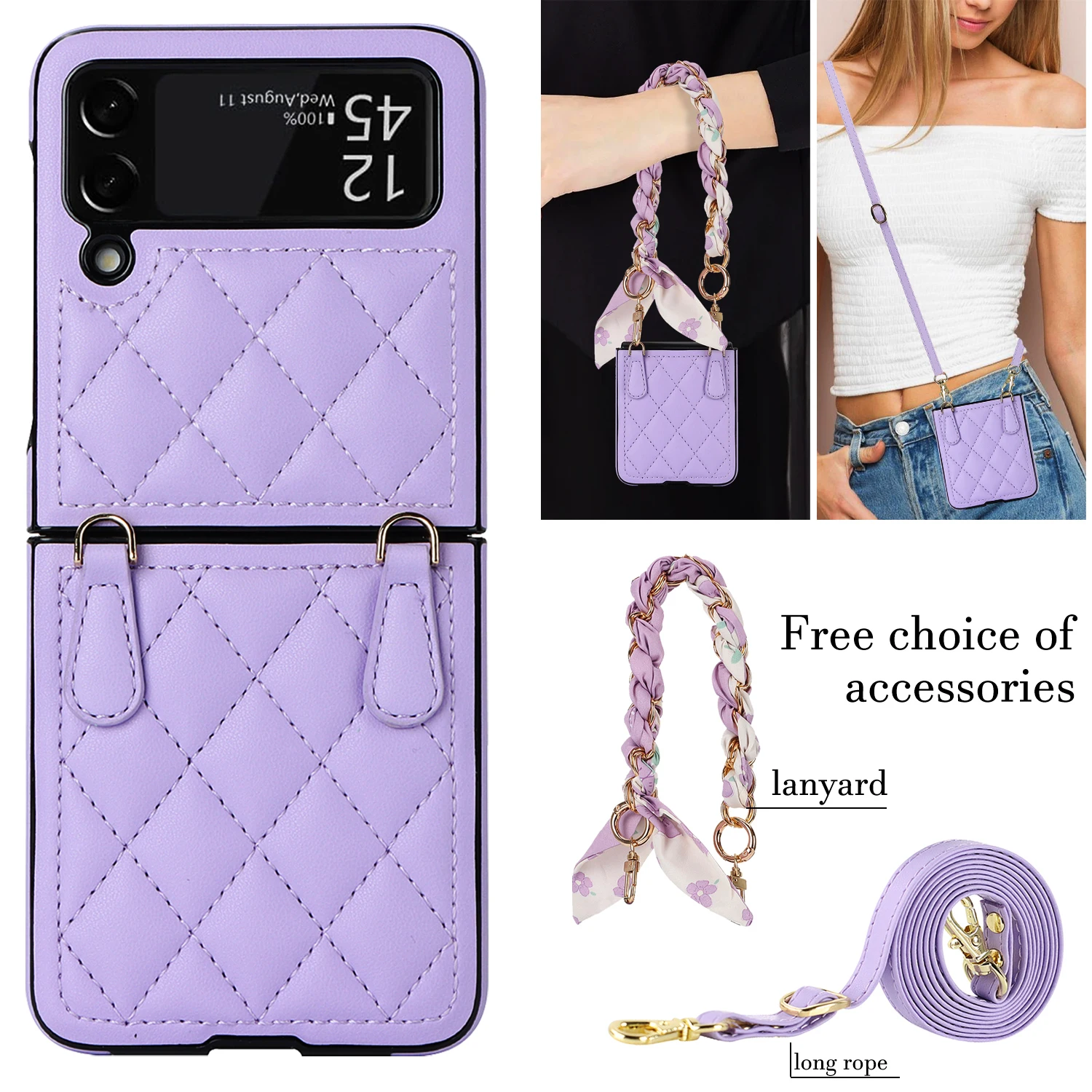 

Lanyard Crossbody Wrist Strap Phone Case for Samsung Galaxy Z Flip 4 3 Flip4 Flip3 5G Fall Prevention Leather Cover