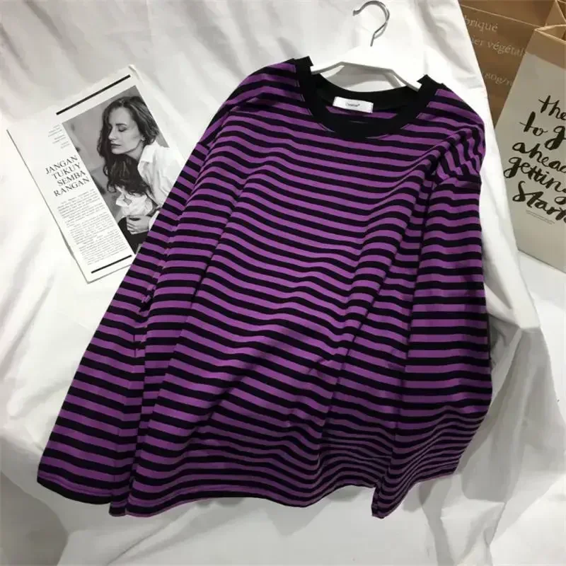 Stripe T Shirts Womens Medium-long Casual TShirt O-neck Tops Korean Streetwear Oversized Women Clothes 2023 Fashion Sweatshirt