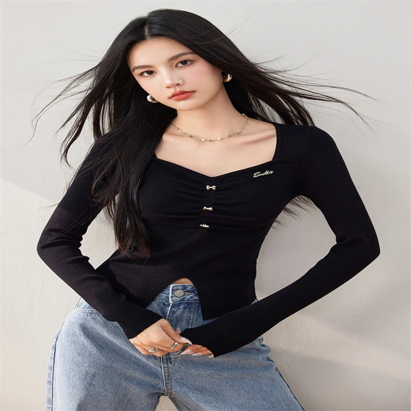 French Irregular Bubble Long Sleeve Knitted Top 2024 New Autumn V-neck Tweed Style Sensibility Base Top Thin Material