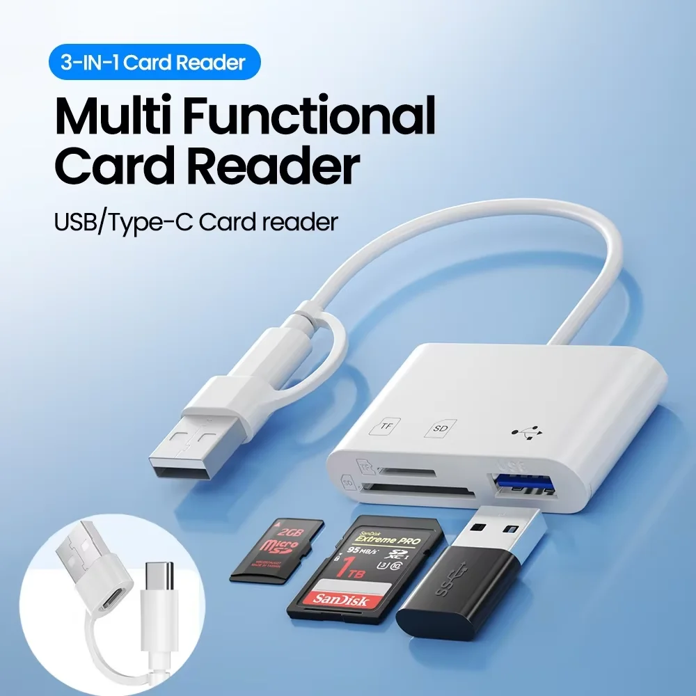 High-Speed USB3.0 3-in-1 Card Reader Adapter for PC/Laptop Multifunctional FlashCard Reader with USB/Type-C SD/TF Memory Card Sl