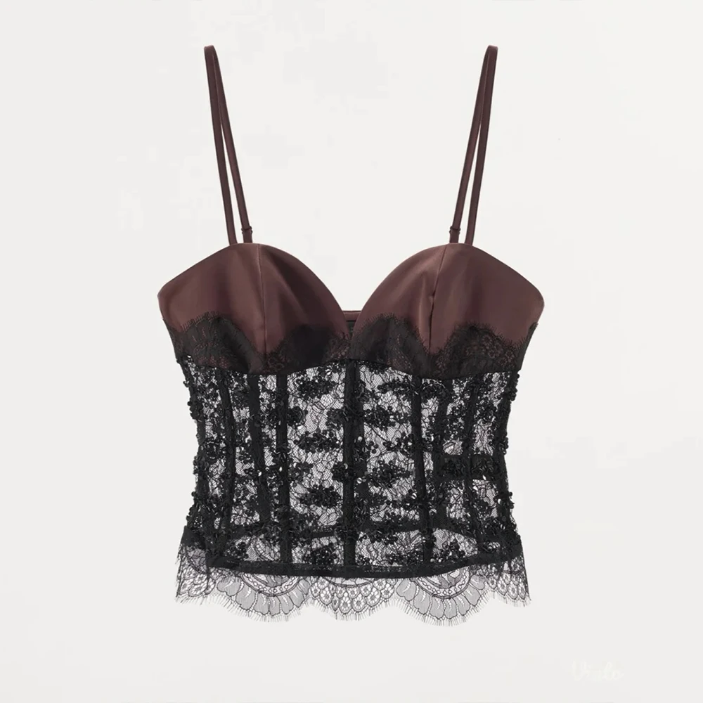 

Роскошный кружевной корсет-топ для женщин: шикарный коричневый атласный бюстье на тонких бретельках с мерцающими черными пайетками для гала-вечеров и выпускных балов