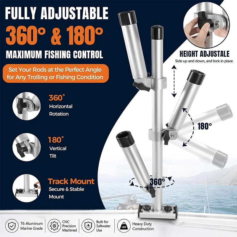 Aluminum Trolling Rod Holder Tree – 3 Rod Adjustable Fishing Rod Holder Tree for Boat, 360° Rotation & 180° Tilt