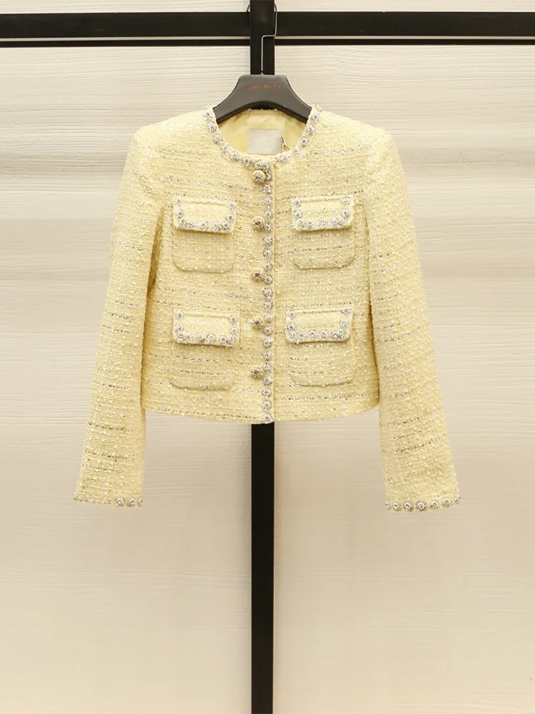 

Элитное женское короткое пальто с тяжелой вышивкой, твидовое, с бриллиантовой отделкой, в гонконгском стиле, приталенное, с круглым вырезом, длинными рукавами, однотонное.