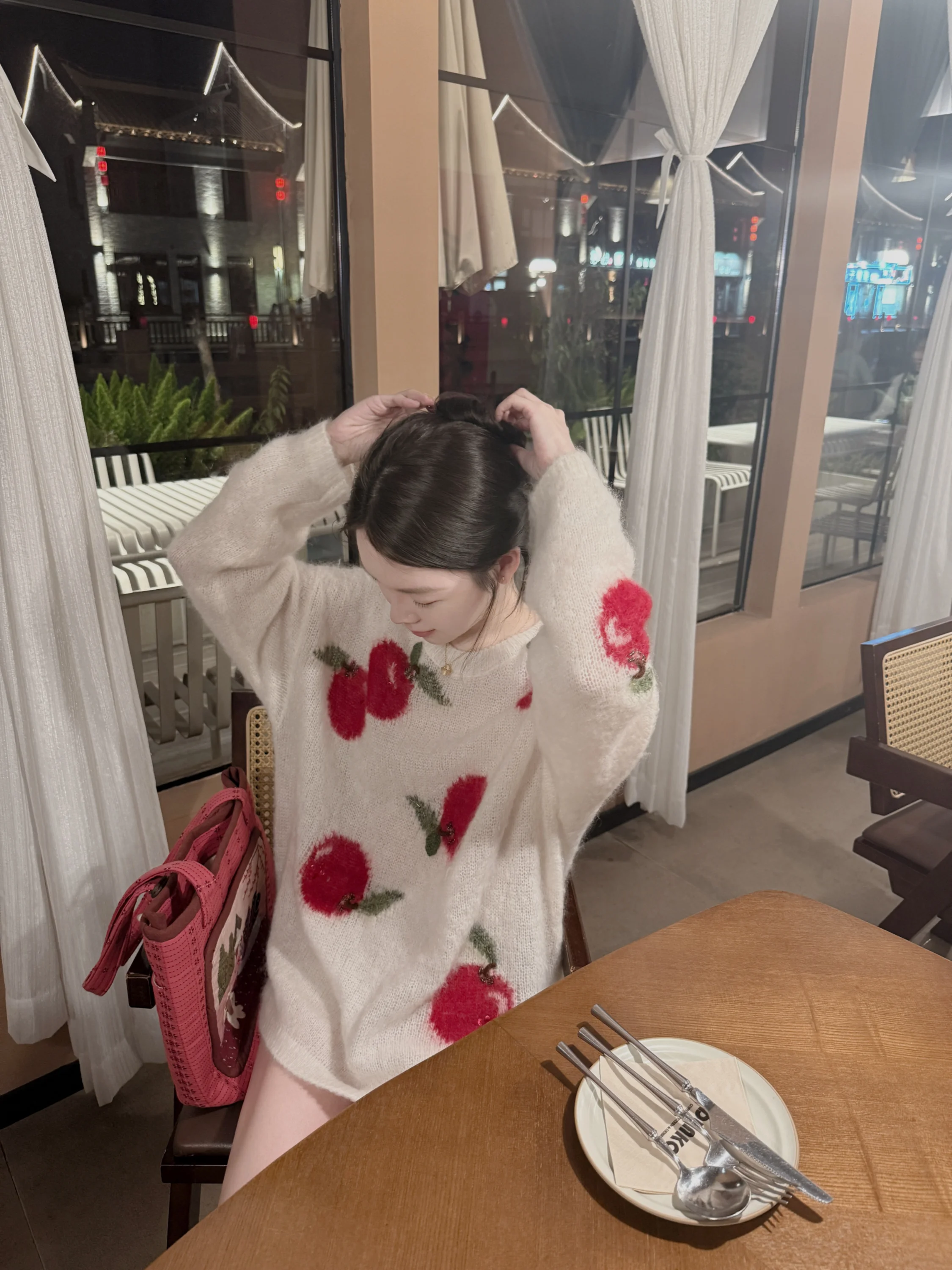 

Handmade Beaded Crochet Flower Sweet Sle Women's Knitted Sweater Loose Fit Long Sve round Ne Fruit Patterned