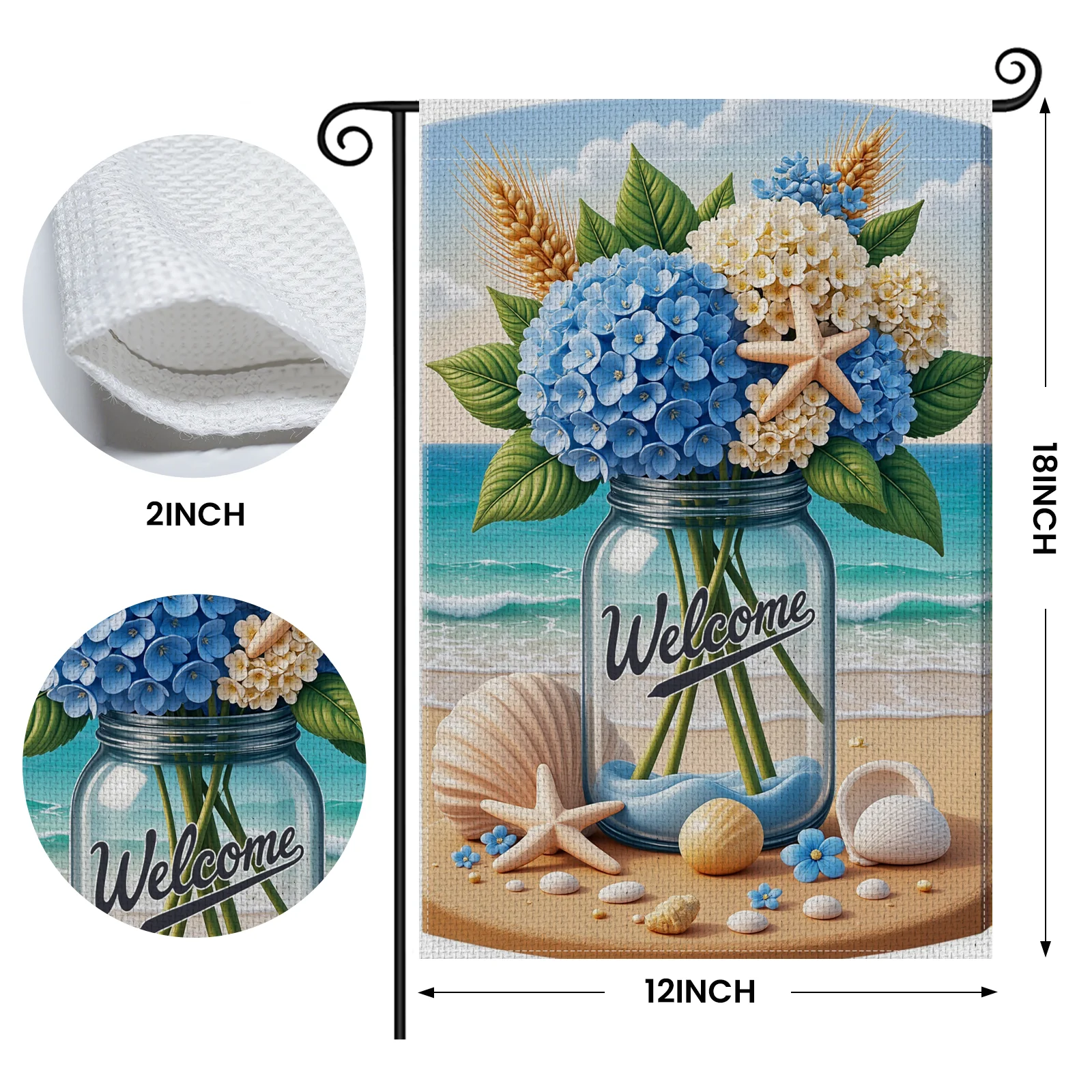 30x45cm Coastal Welcome Garden Flag Floral Pattern Seaside Yard Flag Starfish Accent Seashell Decoration Nautical Garden Banner