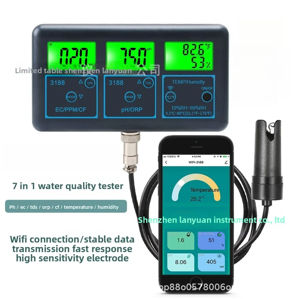

BLE-3188 WIFI Online Water Quality Monitor 7 in 1 Hydroponics EC Conductivity Fish Tank Culture PH PH Tester
