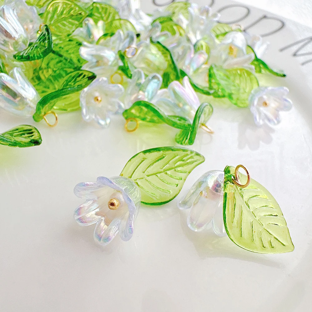 10/100pcs Cute Pearl Bell Orchid Pendant Green Leaf Flower For DIY Jewelry Making Accessories Handmade Earring Necklace Bracelet