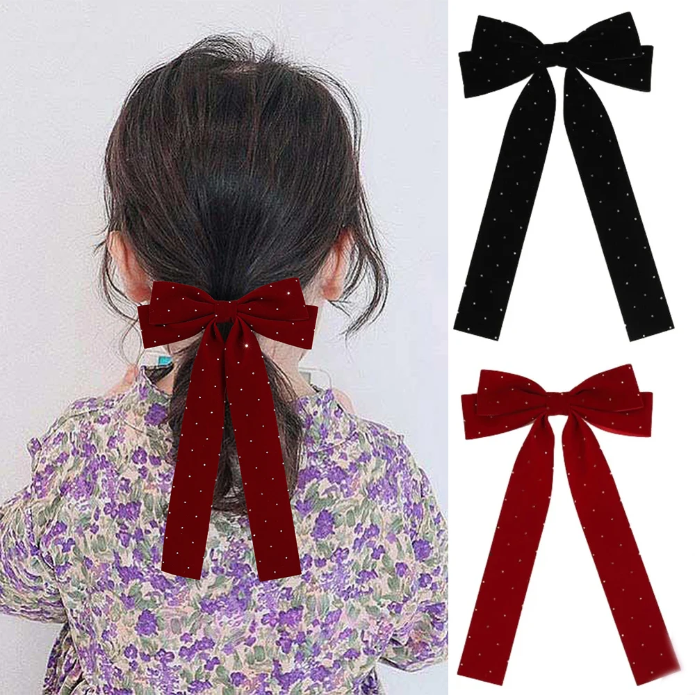 Oaoleer Long Streamer Velvet Bows Hairpins Classic Red Velvet Rhinestones Hair Bow Clips for Girls Styling Barrettes Headwear