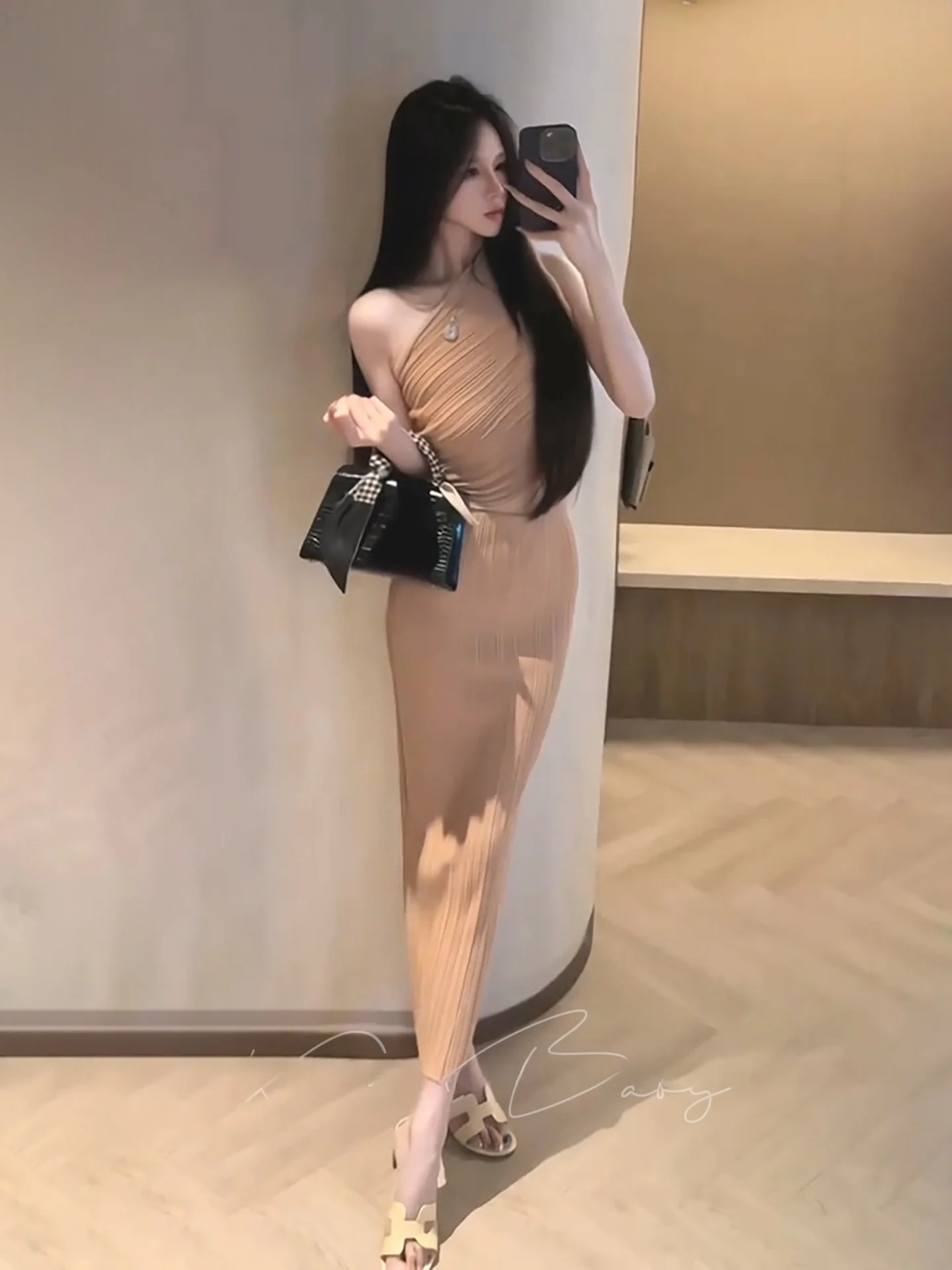 Asymmetric Knitted Sleeveless Side Shoulder Women's Summer High Waist Skirt Two-Piece Set Texture Striped Bodycon  Dress