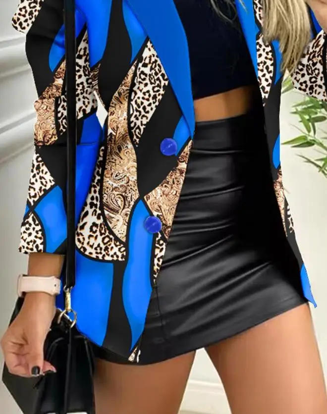 Elegant Blazer Women Long Sleeve Notched Collar Baroque Leopard Print Buttoned Work Jacket Coat 2023 Fashion Outwear Autumn Tops