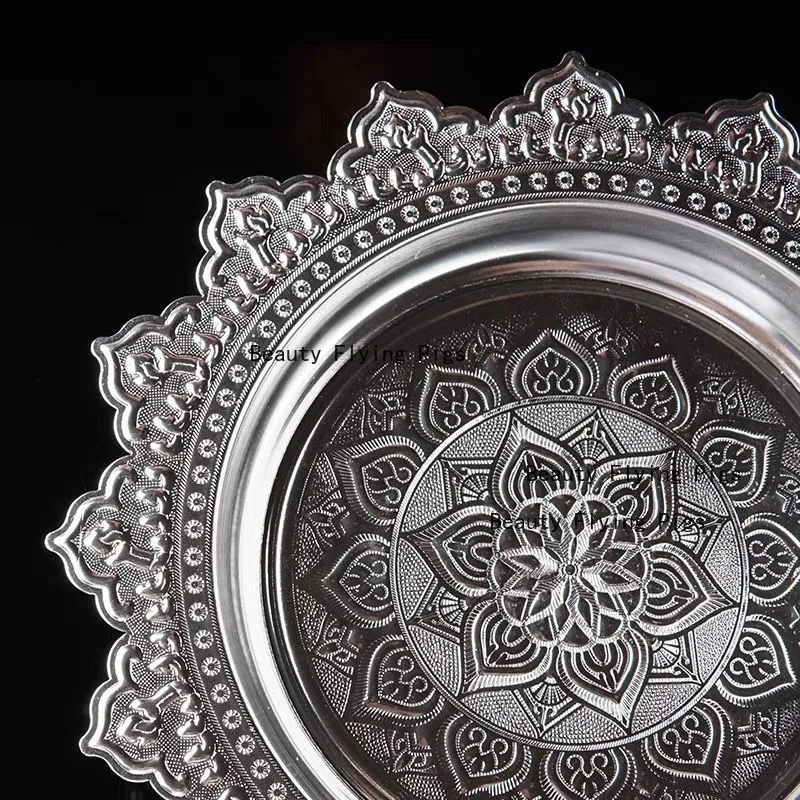 Thai Style Gilded Plate Supply Household Buddhist Gear Alloy Lotus High Foot Tribute Plate Buddha Hall Silver Fruit Plate