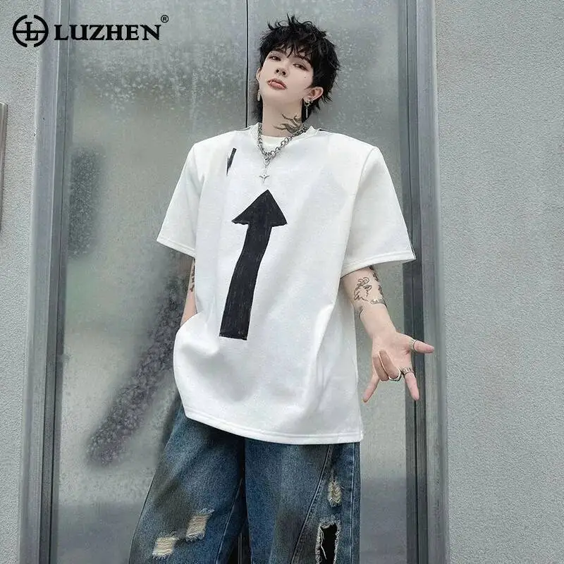 LUZHEN Printed Shoulder 2026 Round Neck Summer Pad T-shirts Pattern Men's Handsome Street Loose Casual Short Sleeve Tops JY8012