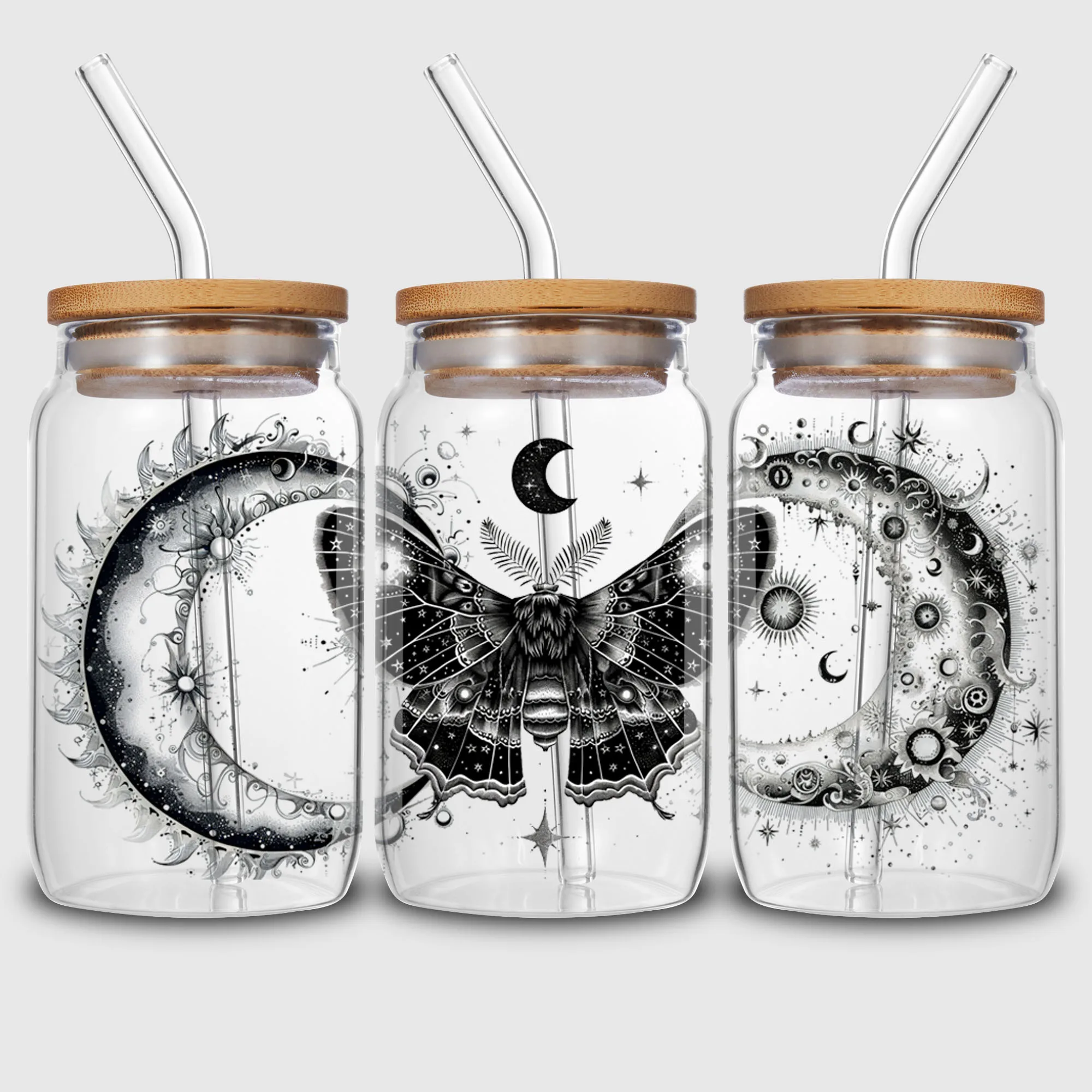 5 sheet Moon Witch UV DTF Cup Stickers, DTF Transfer Stickers, Waterproof Wipe-Off Transfer Paper for 16oz Glass, Mug, Crafts