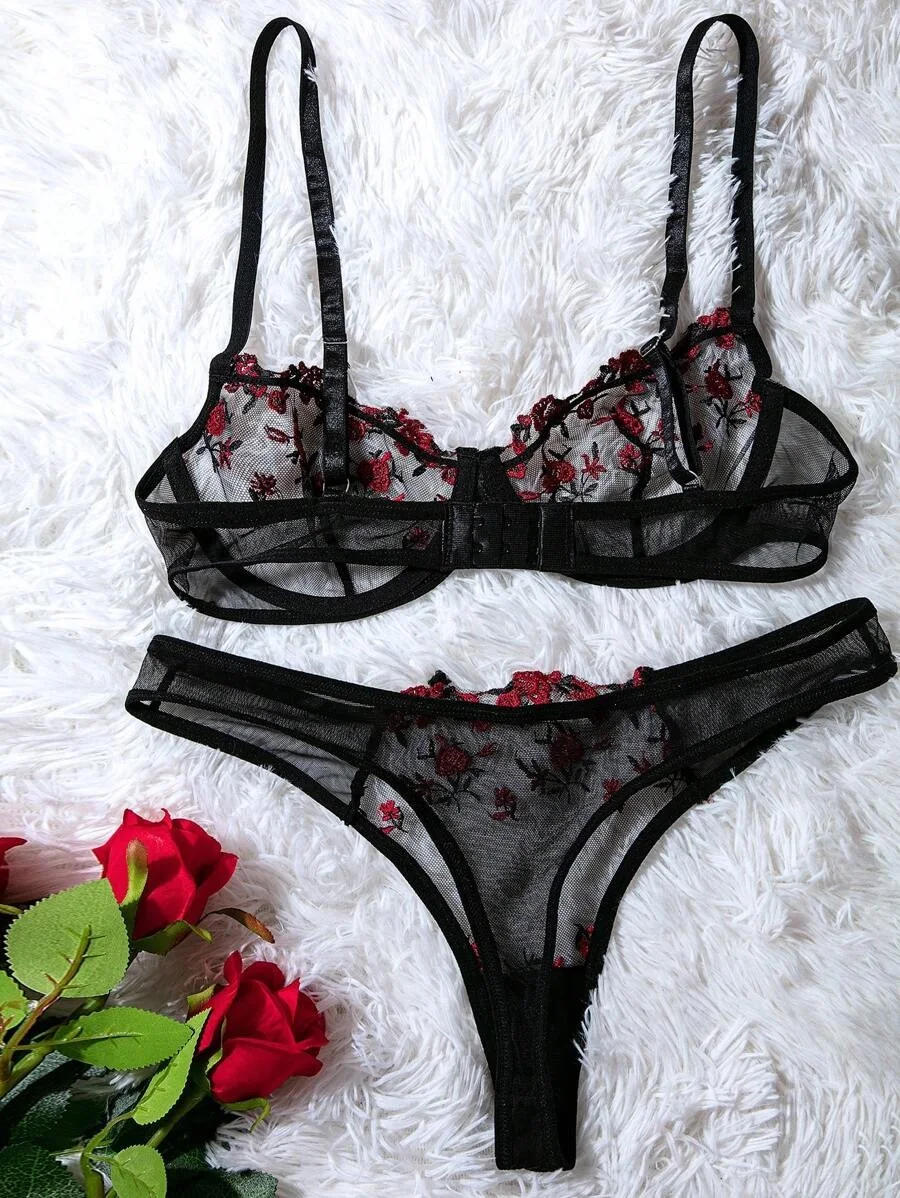 Fairy Bra Set Women Bralette 2-Piece Underwear Sets Floral Embroidery Steel Ring Bra And Panty Set - Image 3