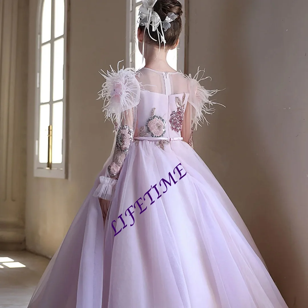 Sukienka dziewczęca z różową koronką arabską, zdobiona koralikami, z trenem typu court, w stylu księżniczki, idealna na ślub, urodziny, konkurs piękności, przyjęcie, bal wieczorowy.