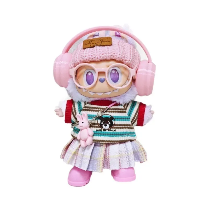 labubu clothes' new hot pink cargo pants, rainbow-colored pleated skirt clothing, colorful headphone sets, Labubu accessories