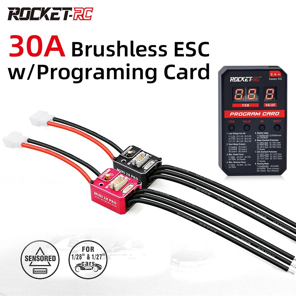 

ROCKET-RC 30A Brushless ESC with LED Programing Card Combo MINI 28 Pro 2S LiPo BEC 3A 6V/7.4V for 1/28 1/27 RC Car Upgrades