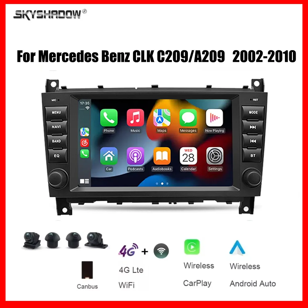 Reproductor multimedia para coche de 8 pulgadas con CarPlay Android, 4G, wifi, Bluetooth, GPS, navegación y radio para Mercedes Benz CLK C209/A209 2002-2010